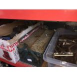 A box of misc tools and other items to include lamps, battery charger, foot pump + toolbox with