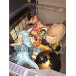 Plastic box of pottery and ornaments etc.