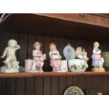 Five pieces of assorted bisque and glazed porcelain including a Copeland figure depicting a girl and