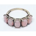 A five stone common pink opal cabochon ring, marked '925', gross weight 4.30g, size R.