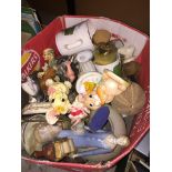 A box of ornaments, ceramics, glassware, pottery, vases, etc.