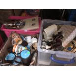 3 boxes of misc pottery, ornaments, steins, coffee set, clock globe, etc.