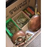 A box of metal ware including over 80 horse brasses, various vintage tins, and a copper bed