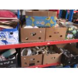 Nine boxes of assorted items to include cutlery, vases, Churchill ware pottery, ornaments