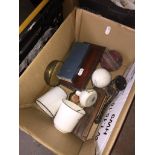 Small box of items inc. magnifying glass, mahogany boxed scales etc.