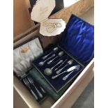 A box of platedware, cased tea spoons, etc.
