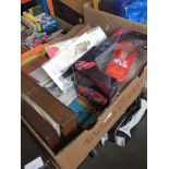 A box of games, toys, RC race car, first day covers, wooden boxes, patterns, chess set, draughts