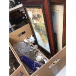 A box containing glassware, brass effect picture frames and five prints etc