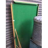 A snooker table with cues, balls, etc.