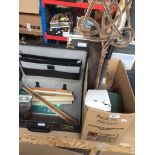 A box of misc items to include stoneware bottle, carpet beater, battery charge, letterbox, wood