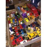 Two boxes of Dinky die cast and other model vehicles, approx 109.