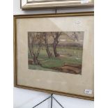 Margaret Pestell (Australian, 20th century), landscape with geese, watercolour, 34cm x 24cm,