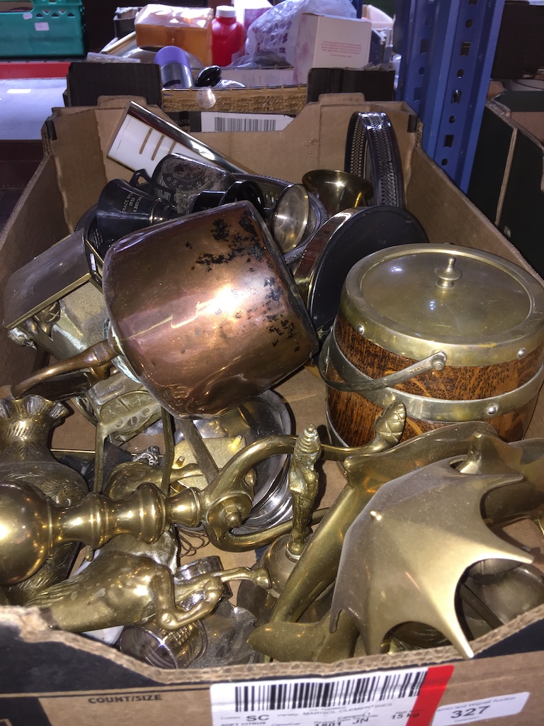 A box of metalware to include plated, copper and brass.