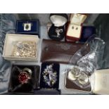 A jewellery box and contents comprising mainly costume jewellery including a pair of opal doublet