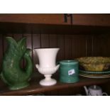 A Dartmouth glug jug, Wedgwood shell plate, Doulton plates etc