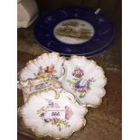 A pair of flow blue border plates c 1907 by A J Wilkinson and hand painted trefoildish