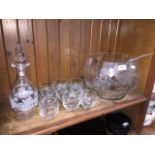 Etched glass punch bowl with ladel, ten glasses and a decanter