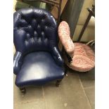 A blue leather button back nursing chair and a 19th century spindle back nursing chair