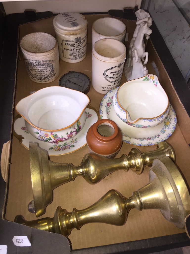 Box of ceramics and brassware