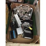 A box containing electricals to include speakers and walkmans
