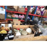 Four boxes of misc items including glassware, ceramics, vintage gas mask, lamps etc