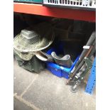 Fishing equipment to include a chair, a tackle box, a net and 2 pairs of wellies