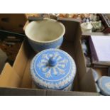 A large blue Wedgwood jasperware planter, together with a similar cheese plate and platter - As