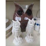 Owls, an art glass vase and two Grafton china figures