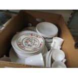 A box of mixed tableware including Royal Doulton Pillar Rose, and Indian Tree