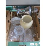 A box of glassware, ceramic vase, and Aladdin stainless steel paraffin lamp with funnel but no shade