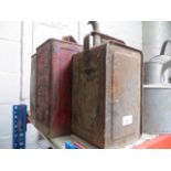 2 metal vintage petrol jerry cans and an Esso Blue jerry can