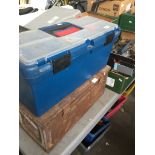 A plastic toolbox and contents, and an ammo tin containing power drills AS FOUND