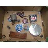 Small collectable vintage automobile items - car badges, wing mirror, kienzel clock