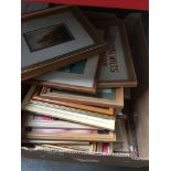 A box of pictures including prints, photographs etc and a collection of prints and mirrors