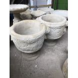 Concrete garden ornaments - a pair of circular planters featuring stags and tropical birds