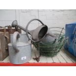 2 galvanised watering cans and 3 hanging baskets