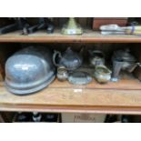 A selection of metalware including milk jug, teapots, cloche etc