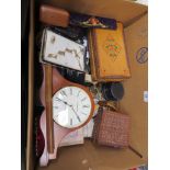 A box of mainly costume jewellery,but including a mantle clock and 1953 Coronation celebration