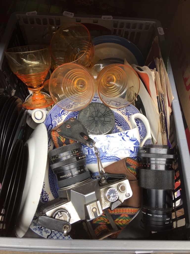 A box of misc. including blue and white pottery, Stuart glasses, a TG Green chesse dish, a small