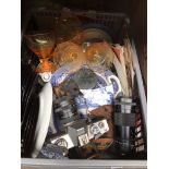 A box of misc. including blue and white pottery, Stuart glasses, a TG Green chesse dish, a small