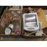 2 boxes of household items including glassware, kettle, alarm clock, cutlery etc
