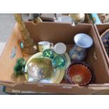Box of glassware and pottery inc. two paperweights