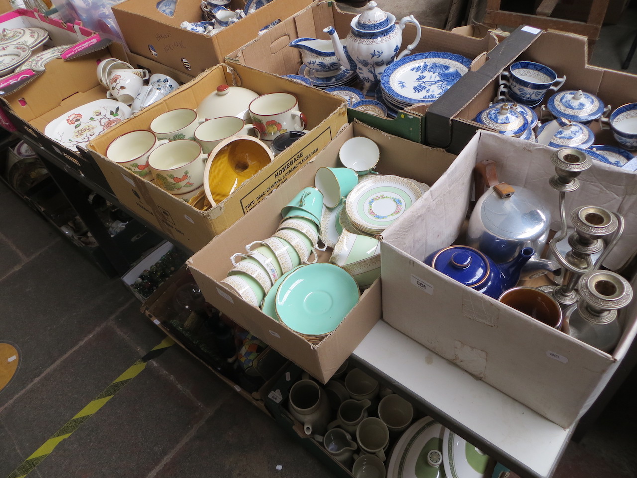 Four boxes of pottery, china and some metalware