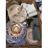 A box of mixed ceramics, brass, etc including Royal Crown Derby plates, brass candle sticks, jelly