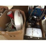 Two boxes of various electricals, shower unit, lights, kettle, heater, etc.