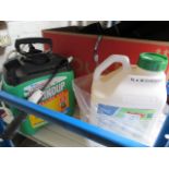 An unopened 5 litre of Gallup XL herbicide weedkiller and a partially used 5 liter pump action