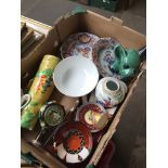 A box of mixed ceramics including Imari, Denby dog, cloisonne vase, studio pottery etc
