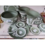 Approx 15 pieces of green Wedgwood jasperware including plates, bowl, vases and dishes