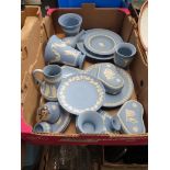 A box of approx 25 pieces of Wedgwood pale blue jasperware