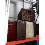 2 suitcases, a briefcase, a wicker hamper, and a jewellery display box